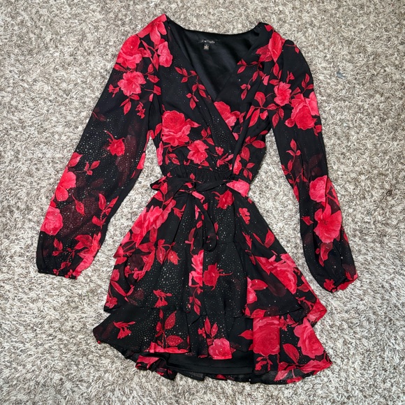 City Triangles Black & Red Floral Wrap Dress with gold accents and Tie Waist - Picture 2 of 4